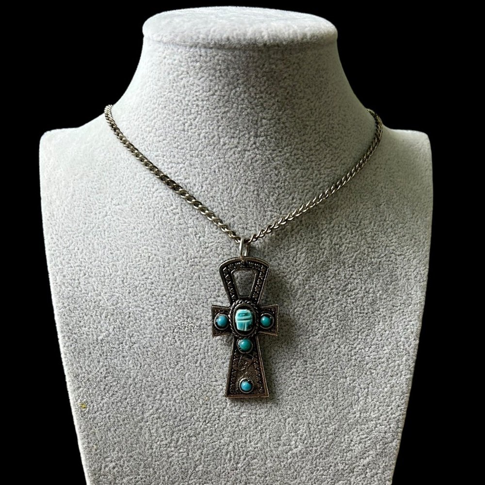 Vintage Ankh Cross Blue Beads Silver Tone Necklace